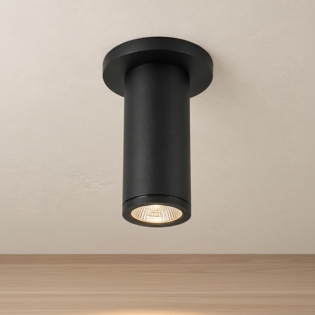 Kuzco Nordic 4-inch outdoor LED cylinder ceiling light in black, side view