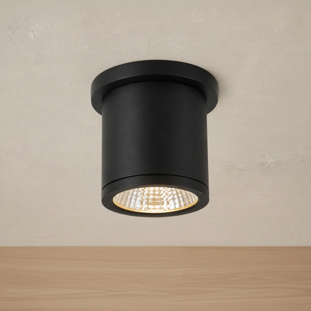 Nordic black aluminium cylinder ceiling light shown from the side